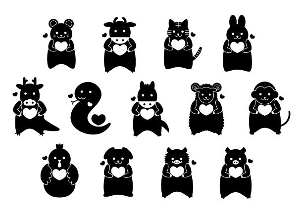 心和十二生肖。矢量插图。鼠，牛，虎，兔，龙，蛇，马，羊，猴，鸡，狗，猪或野猪。图片下载
