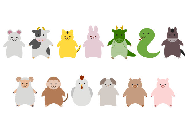 中国十二生肖矢量图。鼠，牛，虎，兔，龙，蛇，马，羊，猴，鸡，狗，猪或野猪。图片下载