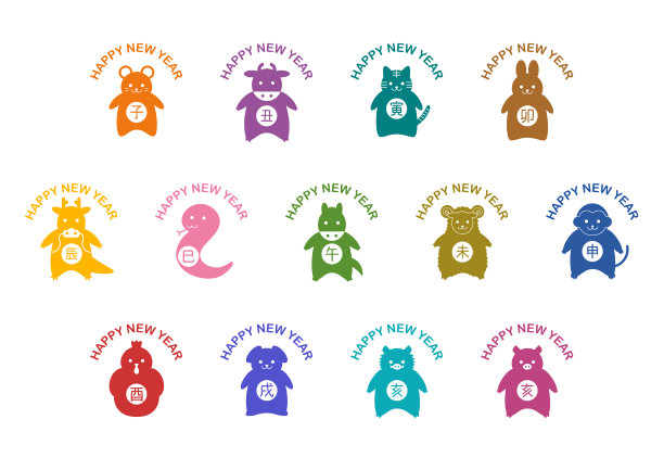 新年快乐。中国十二生肖矢量图。鼠、牛、虎、兔、龙、蛇、马、羊、猴、鸡、狗、猪。图片下载