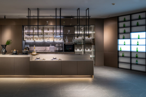 豪华大气的开放式酒吧，集餐厅与厨房于一体的空间图片下载