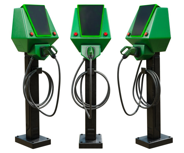 在白色背景中，以三角度视角展示了一系列电动汽车充电站的3D表现。图片下载