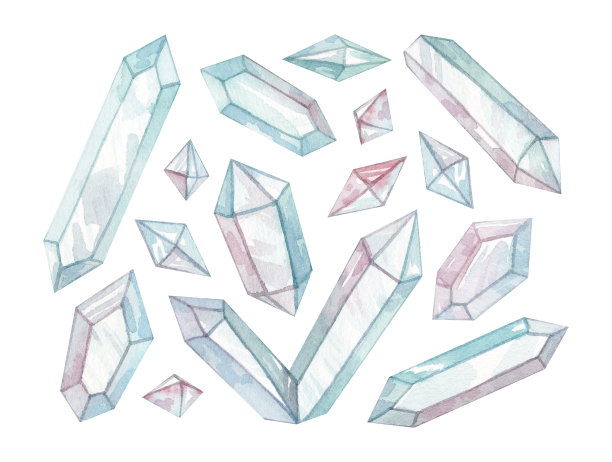 一套精美的粉蓝色水晶水彩插图。孤立在白色的。魔术手绘收藏。图片下载