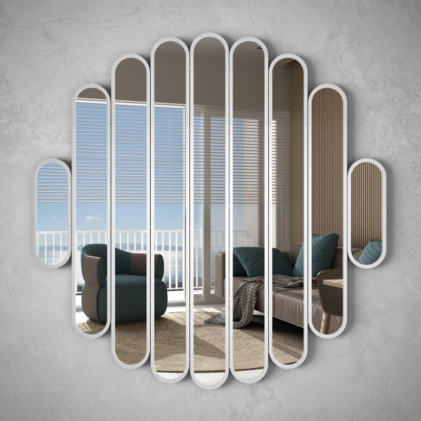 现代的镜子挂在墙上反射室内的设计场景，明亮的白色和木制客厅，极简主义的现代白色建筑，建筑师的设计理念图片下载