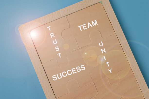 俯视图拼图写着信任，团队，团结和成功。图片下载
