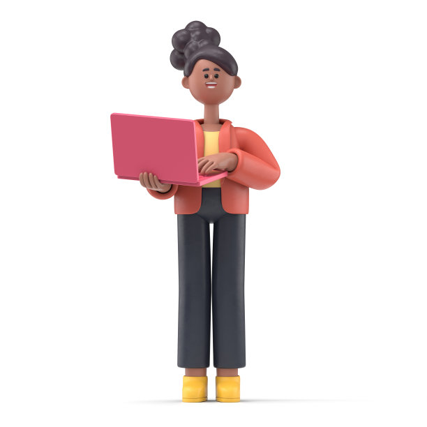 一个微笑的非洲裔美国女人Coco的3D插图与ok的手势显示商业图表在屏幕笔记本电脑。卡通人物的肖像，在办公室工作，分析信息图表，白色背景的3D渲染。图片下载