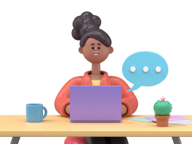 3D插图一个微笑的非洲裔美国妇女可可笔记本电脑和工作在办公室的办公桌，咖啡杯，仙人掌。卡通人物或自由职业者的肖像在电脑上聊天与语音泡泡。工作场所的概念。图片下载