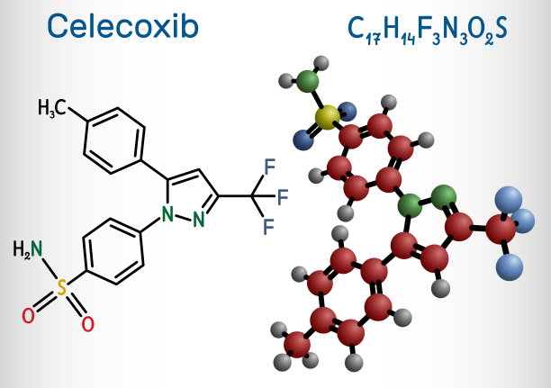 塞来昔布分子。它是COX-2抑制剂和非甾体抗炎药。结构化学式，分子模型。图片下载