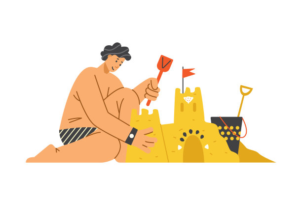 人休息在海边和建立沙塔，平面矢量插图孤立。图片下载