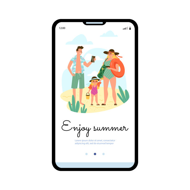 家庭暑假旅行在登机页面模型，平面矢量插图。图片下载