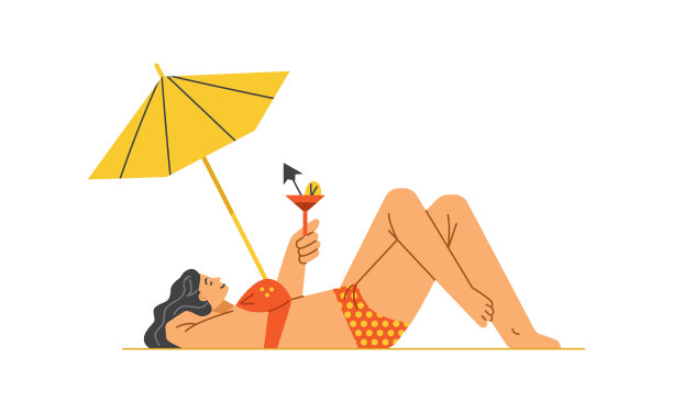 年轻的女人在沙滩上放松，矢量平面插图在白色背景。图片下载