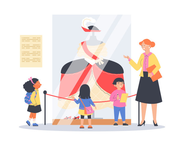 小学生在博物馆的平面风格观看展览图片下载