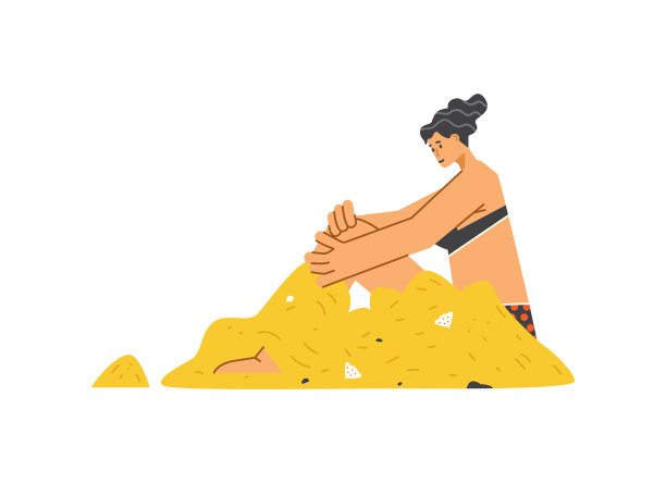 微笑的女孩角色用贝壳扁平的风格把自己埋在沙子里图片下载