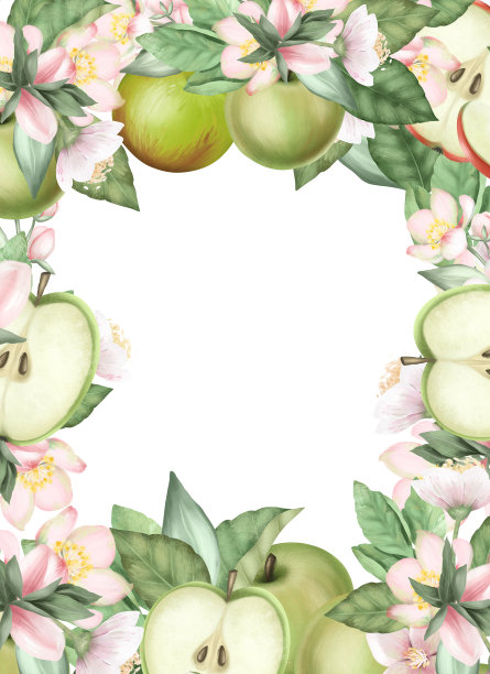卡片模板，框架的盛开的苹果树枝，花和绿色的苹果在白色的背景图片下载