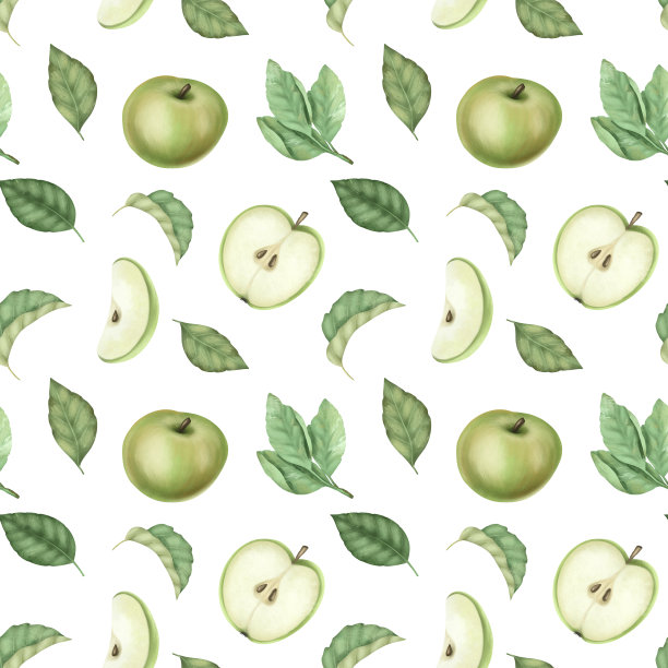无缝图案手绘绿色的苹果，苹果树花和叶子在白色的背景图片下载
