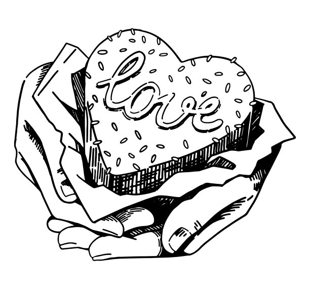 手里拿着小小的心形蛋糕。甜甜的小甜点，可爱，浪漫，美味的节日礼物。手绘矢量插图复古风格。轮廓剪贴画孤立在白色。图片下载