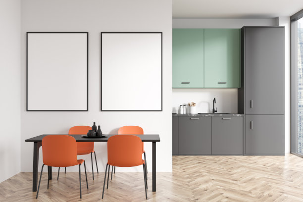 明亮的厨房内部有餐桌和座位，窗户。模型框架图片下载