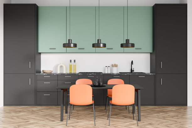 明亮的厨房室内的正面视图与硬木地板图片下载