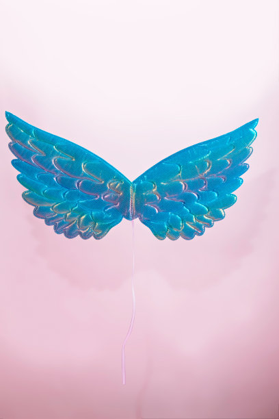 悬浮闪光全息玩具翅膀对粉红色的背景与阴影。儿童概念救助基金会、丧葬服务。图片下载