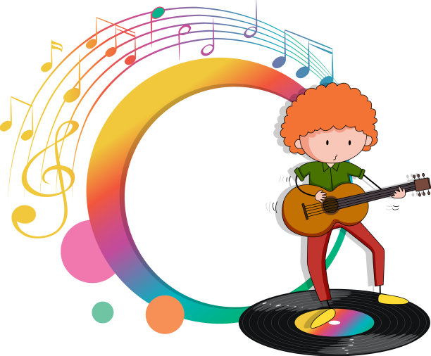 吉他音乐家卡通与音乐旋律符号图片下载