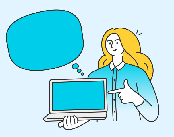 一名年轻女子拿着笔记本电脑，手指着空白的屏幕，屏幕上还有空白的对话框。笔记本电脑技术概念。矢量平面插图。图片下载