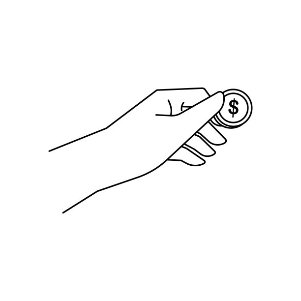 女人手里拿着金元硬币。简单的直线矢量说明金融，商业和银行。用钱做慈善、捐赠或买彩票。图片下载