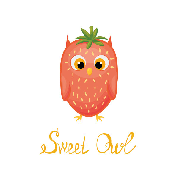 可爱的卡通猫头鹰草莓在白色背景。一个卡通风格的有趣的鸟的漫画人物，上面刻着甜蜜的猫头鹰。矢量插图版画，纺织品，贴纸图片下载