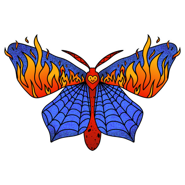 蛾子纹身风格的火焰和蜘蛛网。t恤打印。矢量插图孤立在白色背景。图片下载