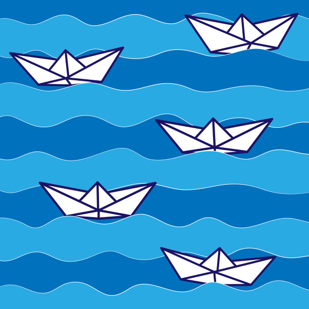 矢量插图纸船在海浪。外形简单的工艺纸船。象征着旅行和海洋。图片下载