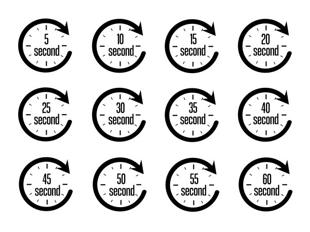 具有箭头图标的秒表：5、10、15、20、25、30、35、40、45、50、55、60秒。倒计时。服务时间。矢量图图片下载