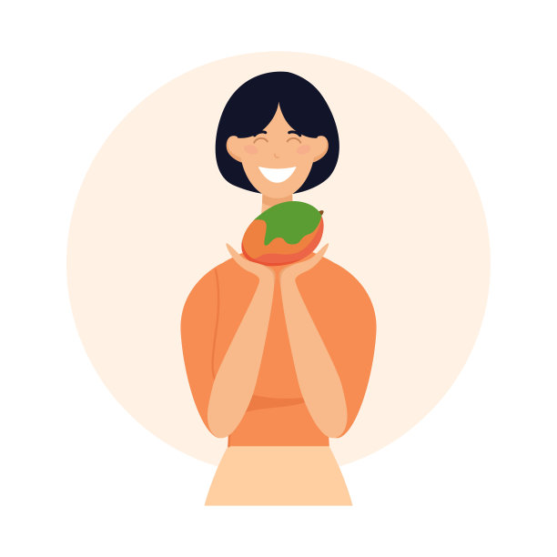 一位微笑的年轻女子手里拿着一个芒果。平面矢量插图在卡通风格图片下载