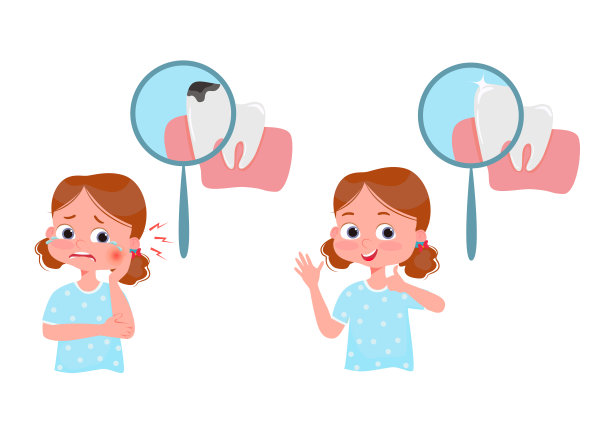 龋齿治疗的概念。哭泣的女孩治疗前疼痛，治疗后快乐。放大镜下有龋齿的牙齿和健康的牙齿。图片下载