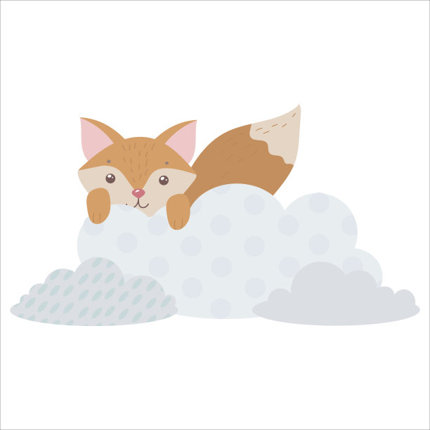 可爱的狐狸在云上。红狐躲在云里。气球和飞艇。儿童插图，可爱的印刷，矢量。孤立在白色背景上。图片下载