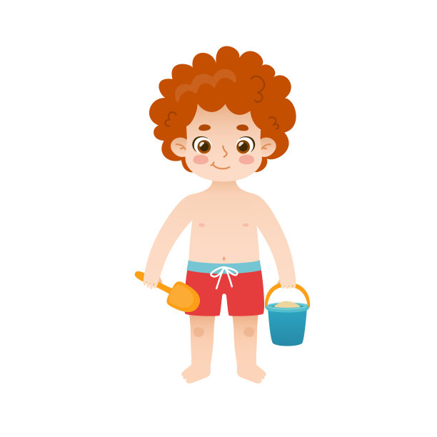 卡通小男孩站在沙滩上，手里拿着水桶和勺子。暑假玩沙子的可爱孩子。图片下载