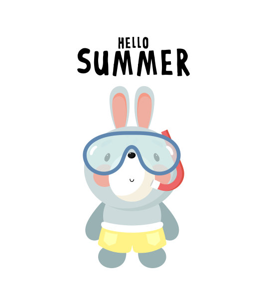 可爱的兔子带着游泳面具。卡通风格。矢量插图。适用于卡片、海报、横幅、书籍、包装印刷、服装、织物、墙纸、纺织品或餐具印刷。图片下载