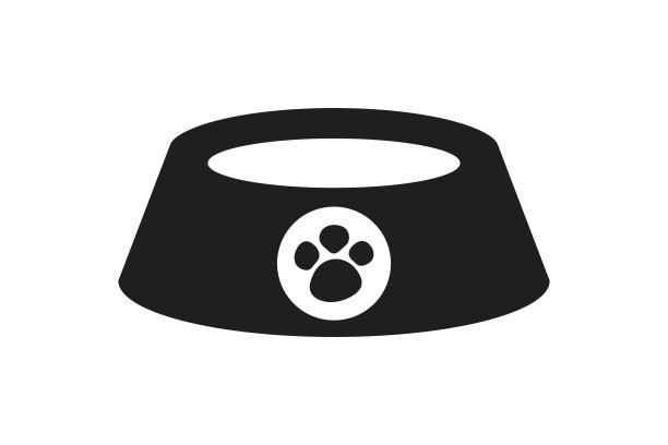 狗碗里。宠物碗。狗和猫盘子图标。宠物食物的剪影。黑色图标孤立在白色背景上。用爪子吃饮料的标志。向量图片下载