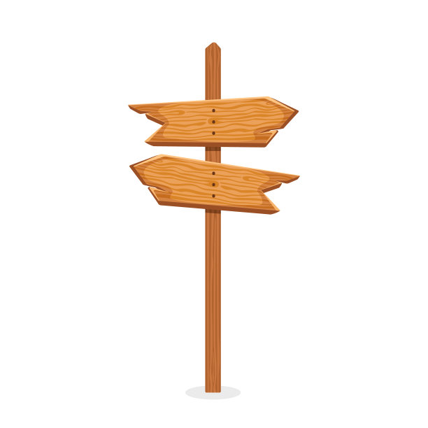 木制箭头标志。木板。用于道路、柱子和横幅的招牌。卡通老箭头孤立的白色背景。空白木质纹理的路标，广告牌和方向棒。向量图片下载