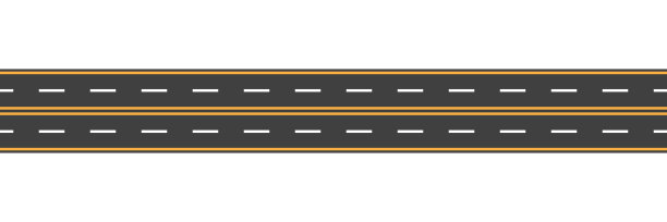 笔直的柏油路，黄白相间。无缝水平公路。街道在城市的汽车。有两条车道的小路。黑色轨道交通运输。公路和高速公路概念。向量图片下载