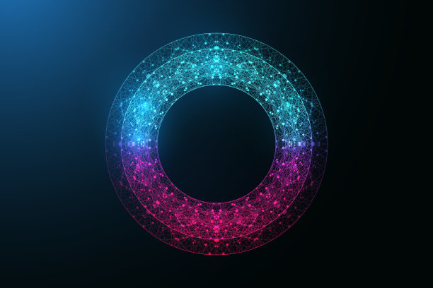 数字霓虹灯彩色圆连接点和线在抽象风格。未来的数字霓虹灯框架。多边形霓虹灯圆形，矢量插图。图片下载