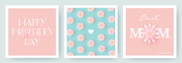 一套带有剪纸花和印刷体的母亲节贺卡。图片下载