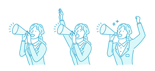一个年轻的女商人用扩音器大声说话的矢量插图图片下载