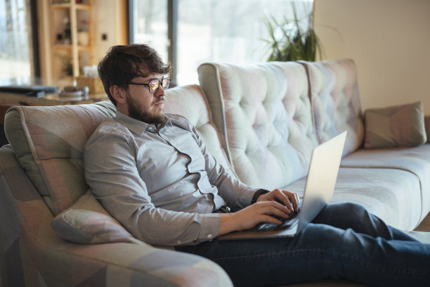 商人在家里的沙发上使用笔记本电脑。图片下载