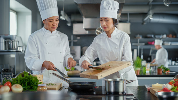 餐厅厨房:亚洲和黑人女厨师的肖像准备菜，切蔬菜，搅拌食材在煎锅。两位专业厨师烹饪美味，正宗的食物，健康的饭菜图片下载