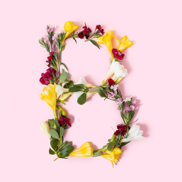 字母B由天然的花、花瓣和叶子制成。花卉字体概念。字母和数字的集合。春夏假期创意创意。图片下载