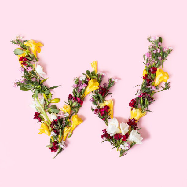 字母W由天然的花朵、花瓣和叶子制成。花卉字体概念。字母和数字的集合。春夏假期创意创意。图片下载
