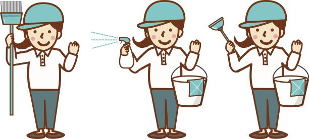 一组插图，一个微笑的女工拿着清洁工具。图片下载