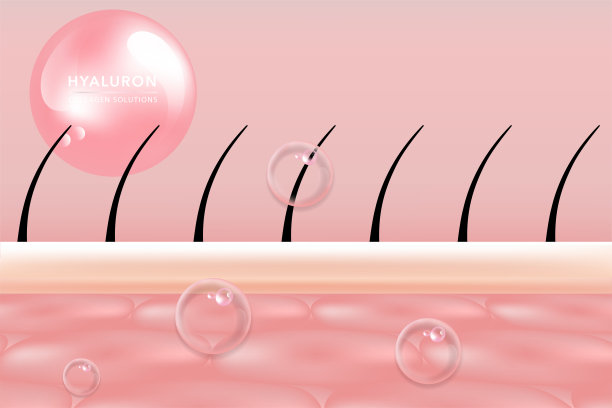 透明质酸头发和皮肤解决方案广告，粉红色胶原蛋白血清滴皮肤细胞与化妆品广告背景准备使用，插图向量。图片下载