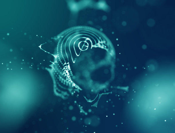 抽象蓝色三维照明扭曲网格球。优雅的抽象被破坏的球体。大数据可视化图片下载