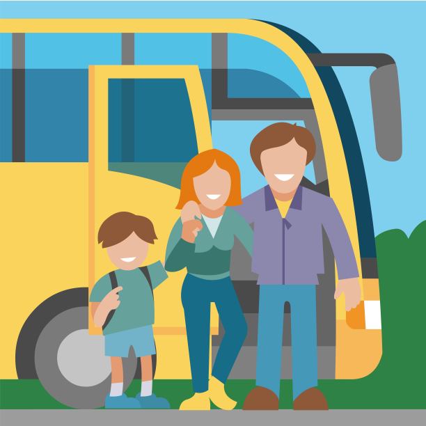 乘坐巴士家庭旅行背景banner矢量插画：快乐的公路旅行，父母和儿子乘坐旅游巴士旅行，父亲拥抱母亲，和孩子一起站在车旁图片下载