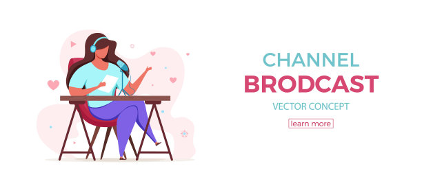 播客概念在工作室与女人坐和录音麦克风和耳机矢量插图。青年人物直播在线面试设计图片下载