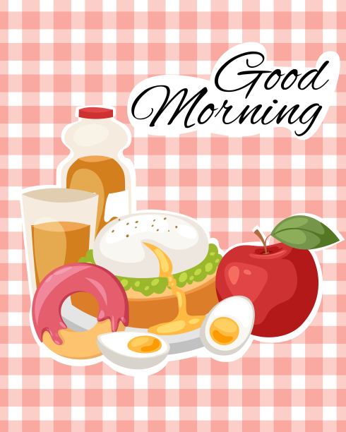 早餐早午餐横幅概念矢量插图。健康的一天开始。早上吃的。食物收集:苹果、三明治、烤面包、甜甜圈、煮鸡蛋和一瓶果汁。图片下载
